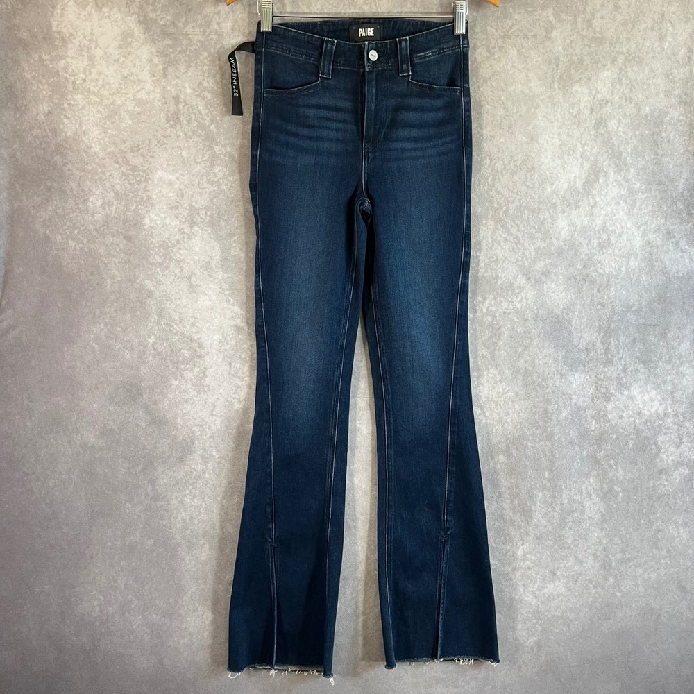 Paige Laurel Canyon Jeans Womens 25 Blue High Rise Bootcut Slit Raw Hem NEW